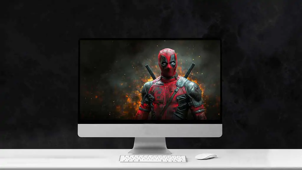 Deadpool 4K wallpaper featuring in battle-worn costume with explosive effects and sparks Ultra HD resolution for desktop and mobile