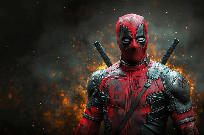 Deadpool 4K wallpaper featuring in battle-worn costume with explosive effects and sparks Ultra HD resolution for desktop and mobile