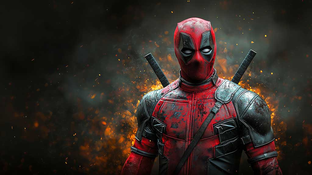 Fond d'écran Deadpool 4K avec un costume porté au combat avec des effets explosifs et des étincelles Résolution Ultra HD pour ordinateur de bureau et mobile