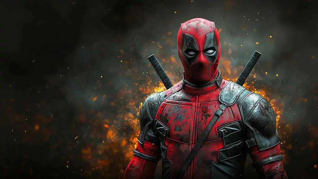 Deadpool 4K wallpaper featuring in battle-worn costume with explosive effects and sparks Ultra HD resolution for desktop and mobile