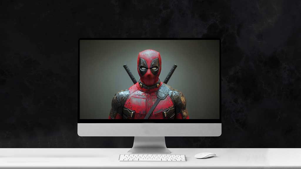 Deadpool 4K wallpaper portrait close-up with weathered costume and katanas against atmospheric background Ultra HD resolution for desktop & mobile