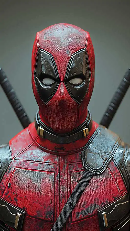 Deadpool 4K wallpaper portrait close-up with weathered costume and katanas against atmospheric background Ultra HD resolution for desktop & mobile