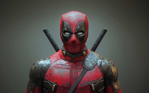 Portrait en gros plan du fond d'écran Deadpool 4K avec un costume patiné et des katanas sur fond atmosphérique Résolution Ultra HD pour ordinateur de bureau et mobile