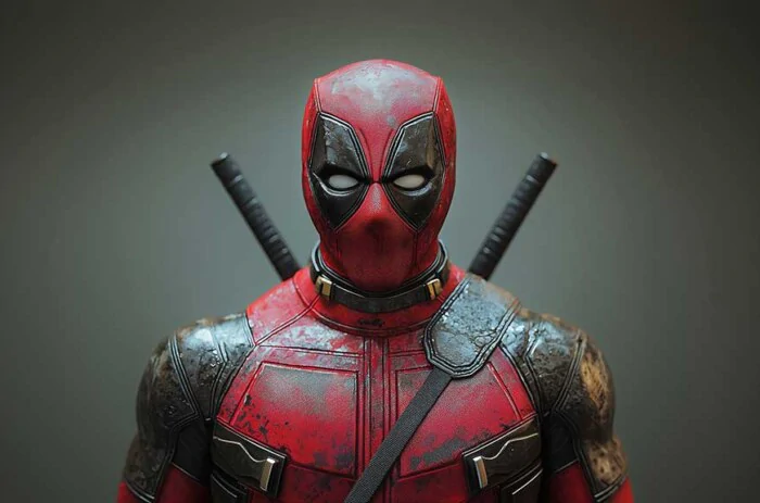 Portrait en gros plan du fond d'écran Deadpool 4K avec un costume patiné et des katanas sur fond atmosphérique Résolution Ultra HD pour ordinateur de bureau et mobile