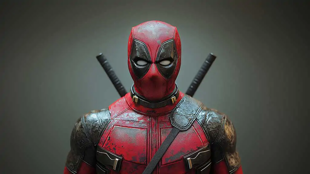 Deadpool 4K wallpaper portrait close-up with weathered costume and katanas against atmospheric background Ultra HD resolution for desktop & mobile