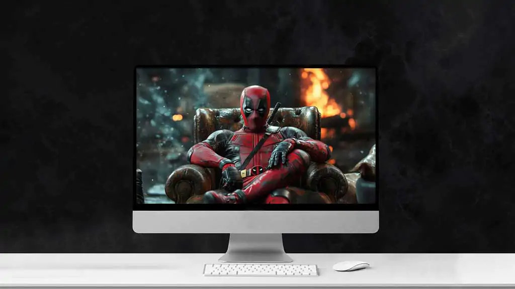 Deadpool 4K wallpaper featuring Marvel superhero lounging in leather armchair with fire effects background Ultra HD resolution for pc and mobile