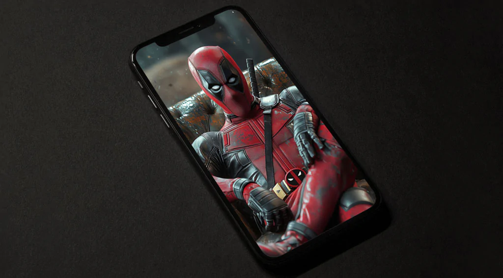 Deadpool 4K wallpaper featuring Marvel superhero lounging in leather armchair with fire effects background Ultra HD resolution for pc and mobile