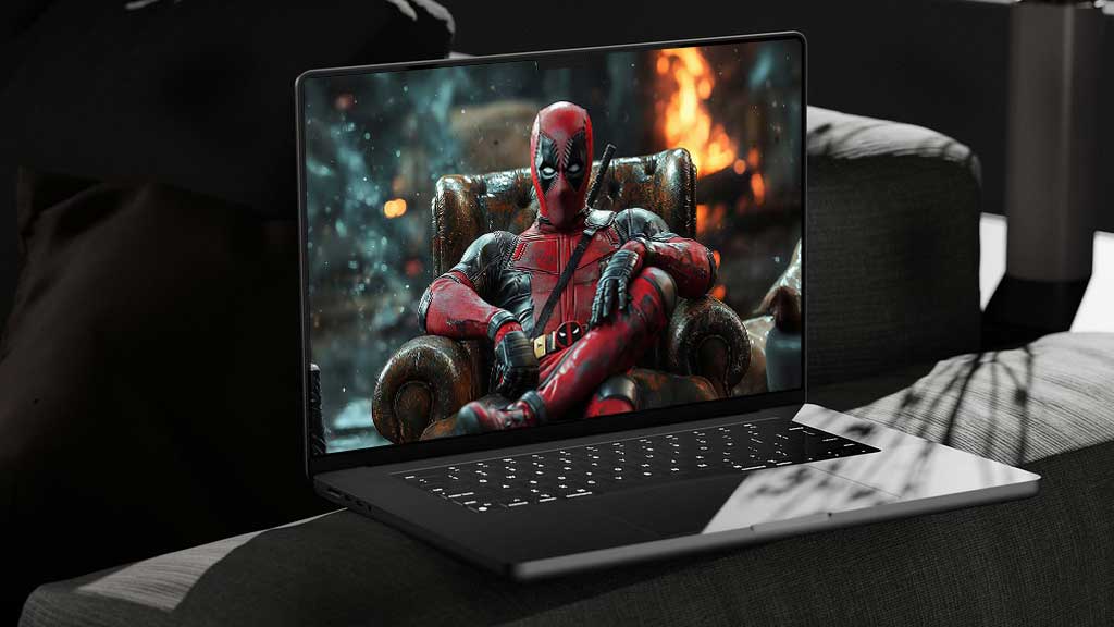 Fond d'écran Deadpool 4K avec un super-héros Marvel allongé dans un fauteuil en cuir avec des effets de feu en arrière-plan Résolution Ultra HD pour PC et mobile