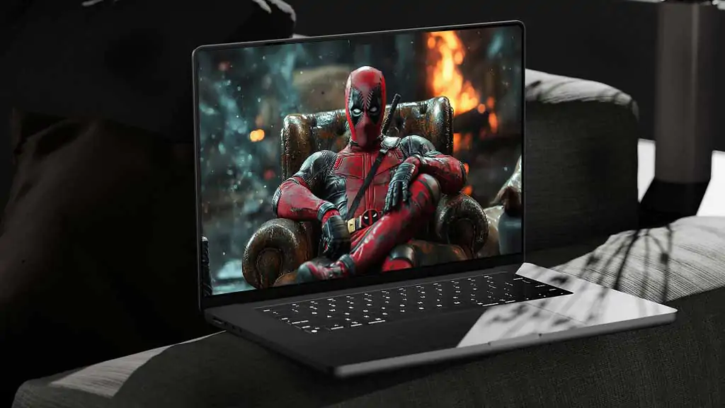 Deadpool 4K wallpaper featuring Marvel superhero lounging in leather armchair with fire effects background Ultra HD resolution for pc and mobile