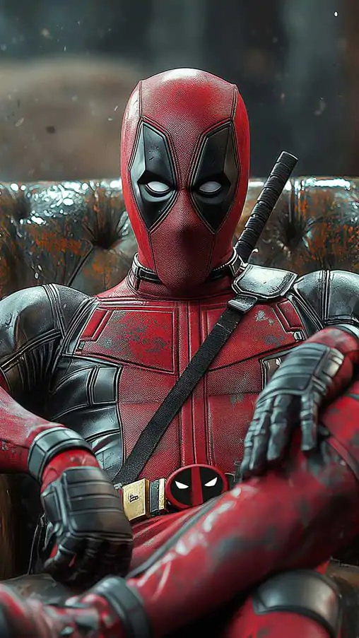 Deadpool 4K wallpaper featuring Marvel superhero lounging in leather armchair with fire effects background Ultra HD resolution for pc and mobile