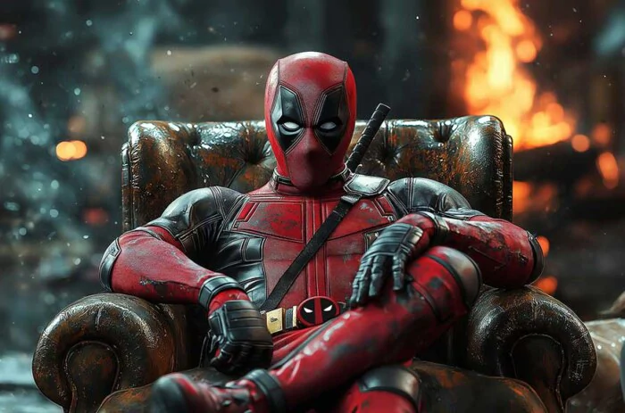 Deadpool 4K wallpaper featuring Marvel superhero lounging in leather armchair with fire effects background Ultra HD resolution for pc and mobile