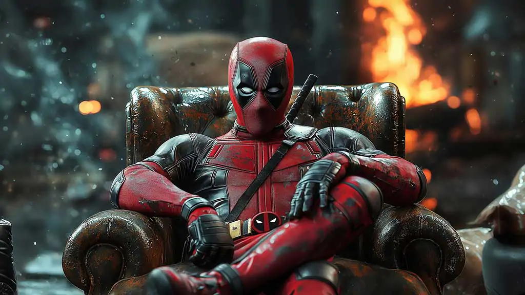 Deadpool 4K wallpaper featuring Marvel superhero lounging in leather armchair with fire effects background Ultra HD resolution for pc and mobile