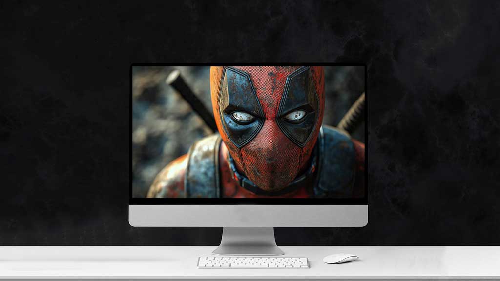 Fond d'écran gratuit Deadpool 4K en gros plan d'un masque rouge et noir avec des yeux blancs, disponible en résolution HD pour ordinateur de bureau et mobile