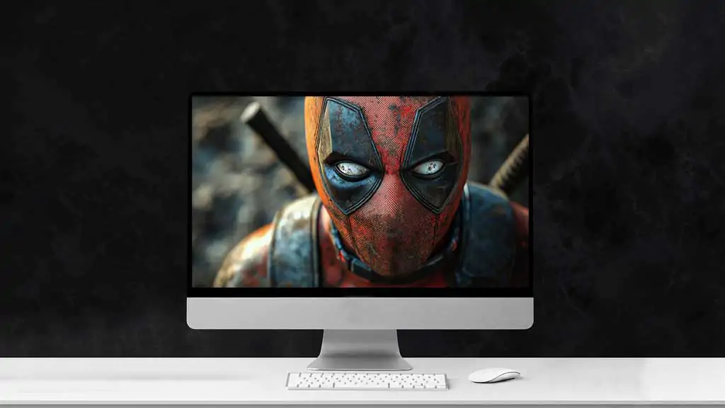 Free Deadpool 4K wallpaper close-up of red and black mask with white eyes, available in HD resolution for desktop and mobile