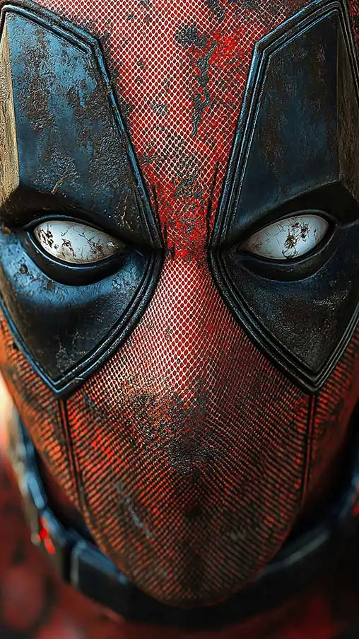 Free Deadpool 4K wallpaper close-up of red and black mask with white eyes, available in HD resolution for desktop and mobile