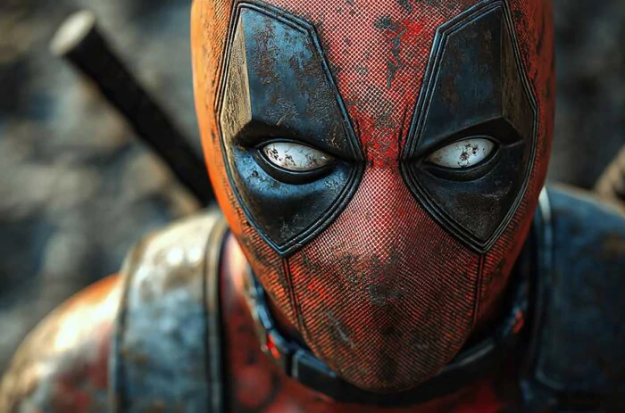 Free Deadpool 4K wallpaper close-up of red and black mask with white eyes, available in HD resolution for desktop and mobile