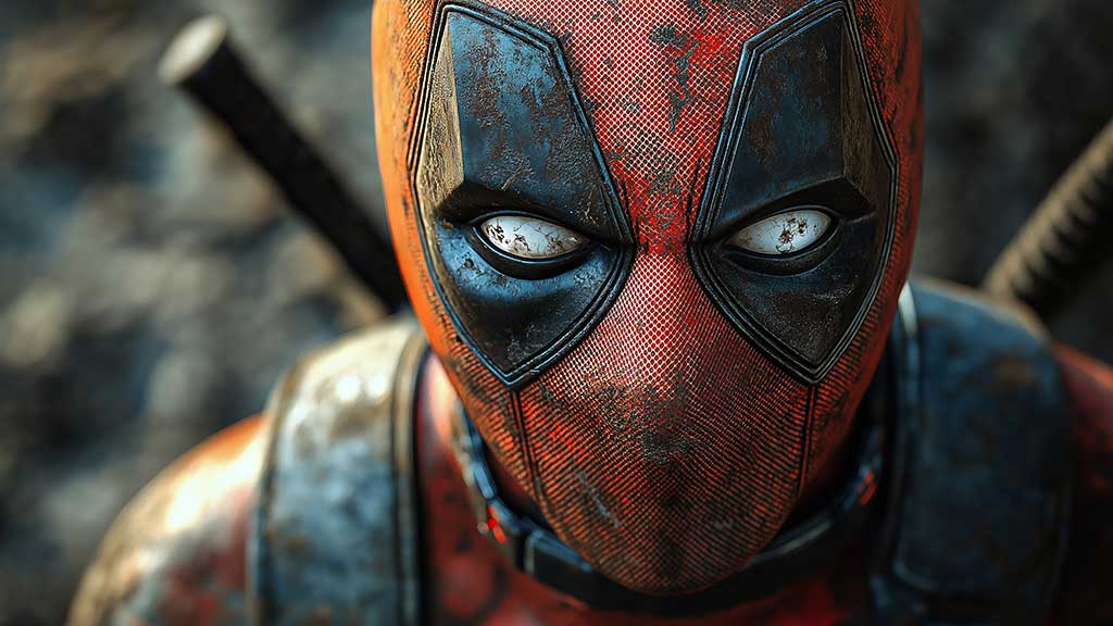 Fond d'écran gratuit Deadpool 4K en gros plan d'un masque rouge et noir avec des yeux blancs, disponible en résolution HD pour ordinateur de bureau et mobile