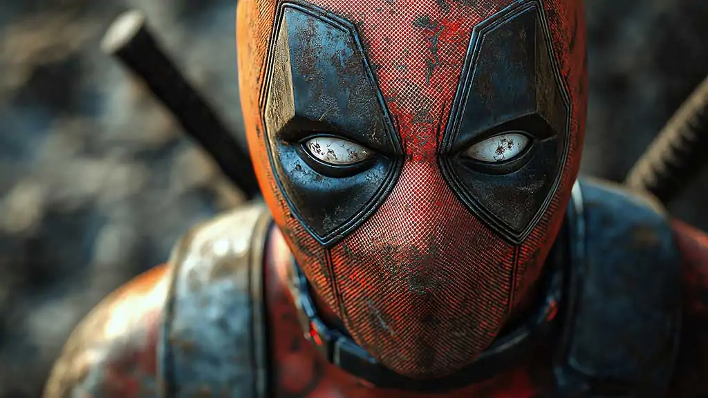 Free Deadpool 4K wallpaper close-up of red and black mask with white eyes, available in HD resolution for desktop and mobile