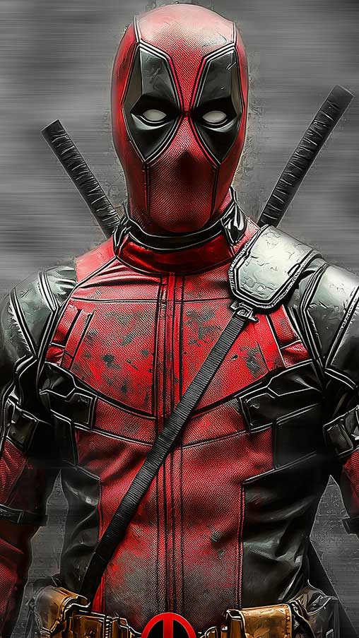 Fond d'écran Deadpool 4K en pose avec katanas sur fond brumeux, disponible en résolution HD pour PC et appareils mobiles Téléchargement gratuit