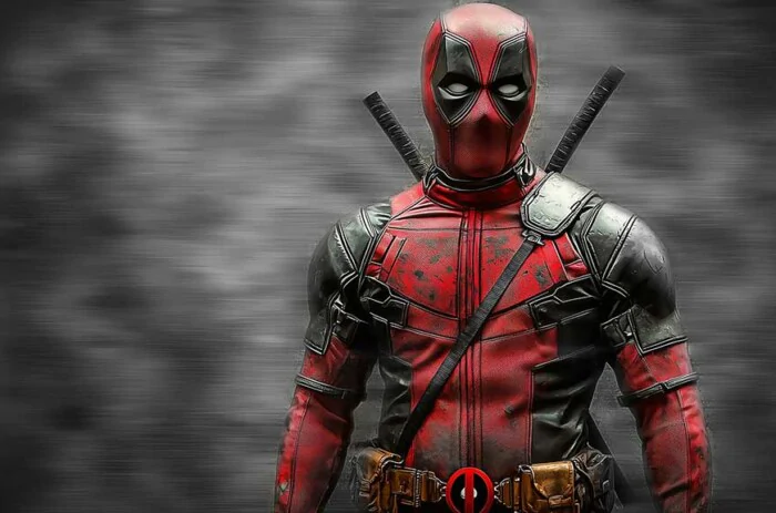 Fond d'écran Deadpool 4K en pose avec katanas sur fond brumeux, disponible en résolution HD pour PC et appareils mobiles Téléchargement gratuit