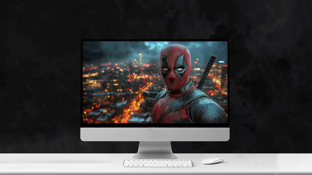 Free Deadpool 4K wallpaper in rain against night city lights background, available in HD resolution for desktop and phones