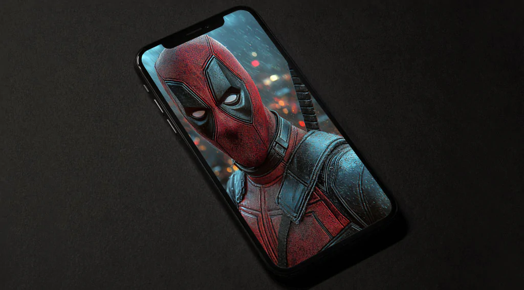 Free Deadpool 4K wallpaper in rain against night city lights background, available in HD resolution for desktop and phones