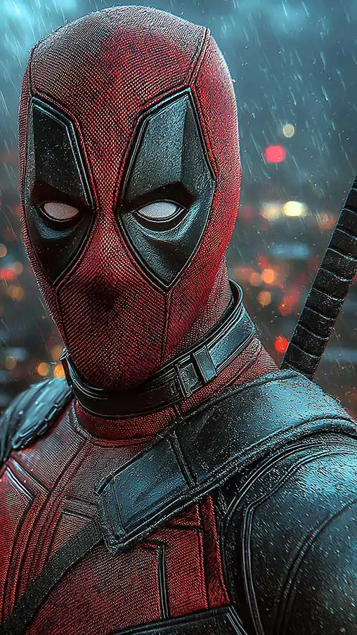 Free Deadpool 4K wallpaper in rain against night city lights background, available in HD resolution for desktop and phones