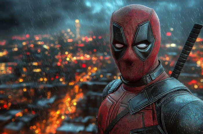 Free Deadpool 4K wallpaper in rain against night city lights background, available in HD resolution for desktop and phones