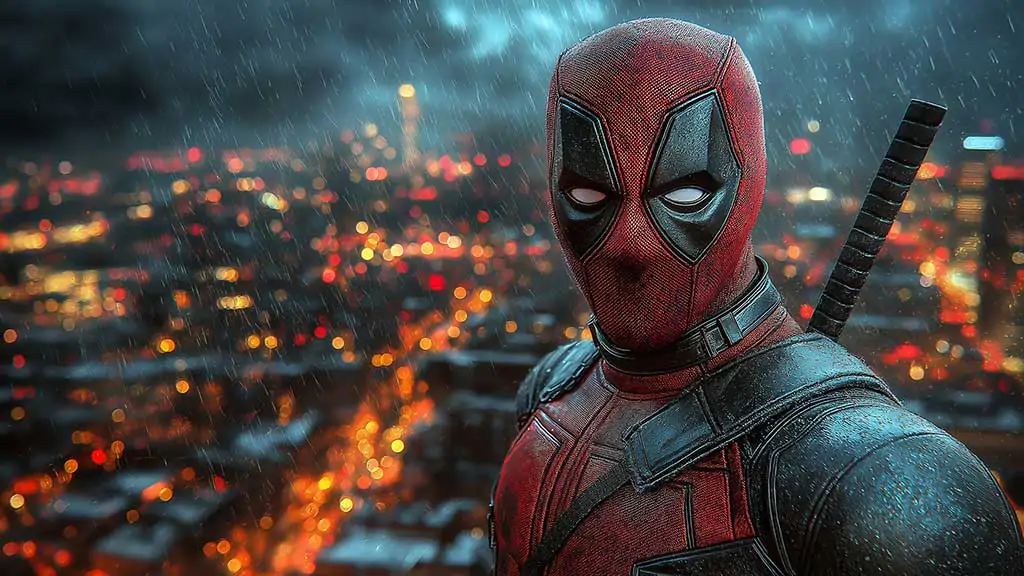 Free Deadpool 4K wallpaper in rain against night city lights background, available in HD resolution for desktop and phones