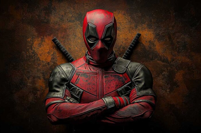 Fond d'écran Deadpool 4K bras croisés avec fond texturé en bronze, disponible en ultra HD pour ordinateur de bureau et téléphones Téléchargement gratuit