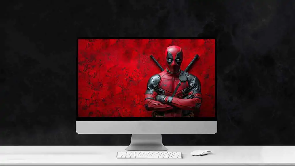 Free Deadpool 4K wallpaper with crossed-arms pose red theme background, Ultra HD for desktop and mobile