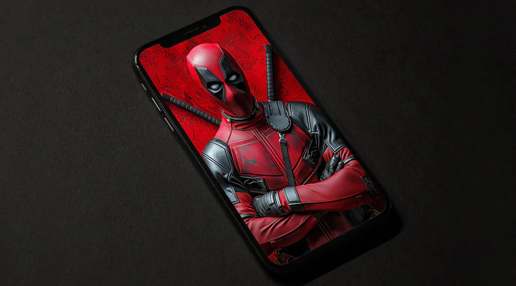 Free Deadpool 4K wallpaper with crossed-arms pose red theme background, Ultra HD for desktop and mobile