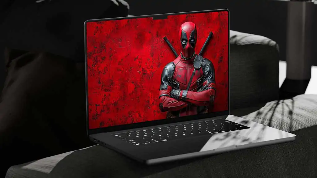 Free Deadpool 4K wallpaper with crossed-arms pose red theme background, Ultra HD for desktop and mobile