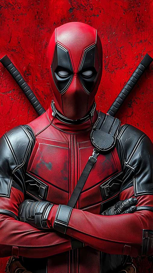 Fond d'écran Deadpool 4K gratuit avec fond de thème rouge en pose de bras croisés, Ultra HD pour ordinateur de bureau et mobile