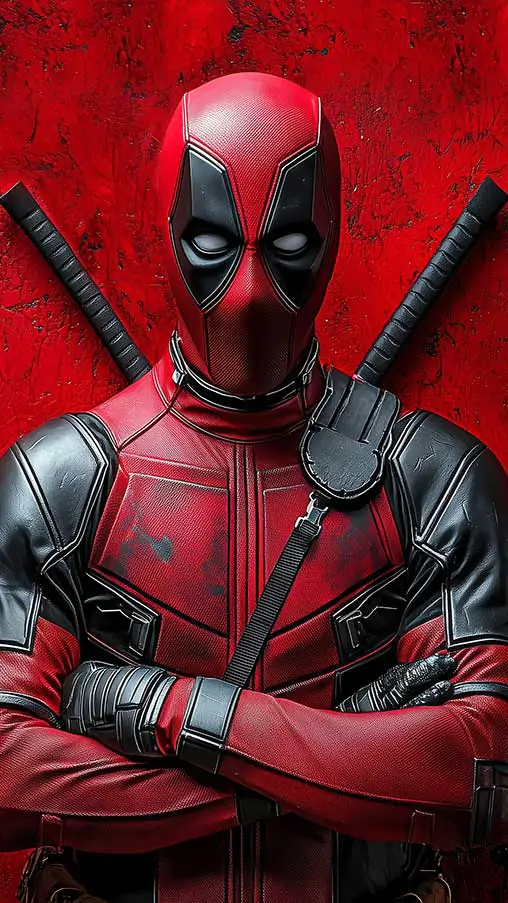 Free Deadpool 4K wallpaper with crossed-arms pose red theme background, Ultra HD for desktop and mobile