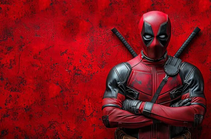 Free Deadpool 4K wallpaper with crossed-arms pose red theme background, Ultra HD for desktop and mobile