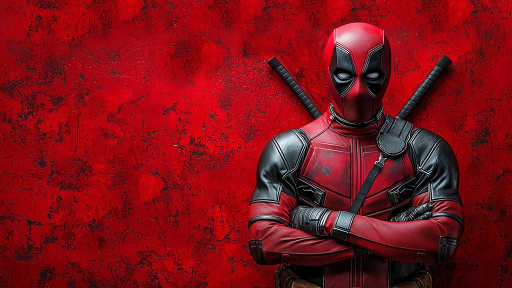 Fond d'écran Deadpool 4K gratuit avec fond de thème rouge en pose de bras croisés, Ultra HD pour ordinateur de bureau et mobile