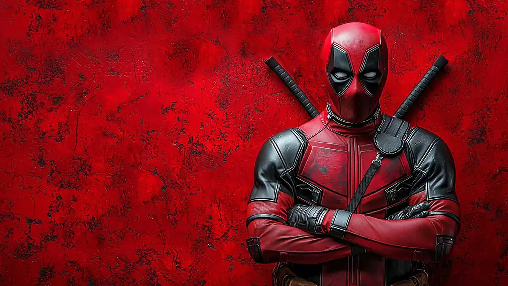 Free Deadpool 4K wallpaper with crossed-arms pose red theme background, Ultra HD for desktop and mobile