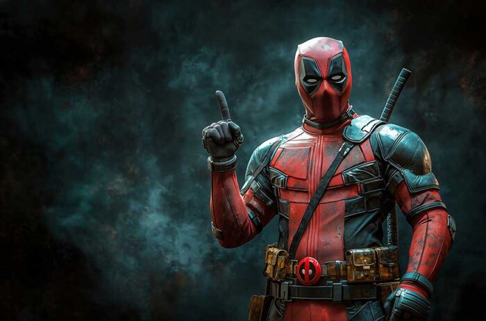 Fond d'écran Deadpool 4K montrant une pose de pointage avec un fond de fumée, disponible en résolution Ultra HD pour tous les appareils Téléchargement gratuit