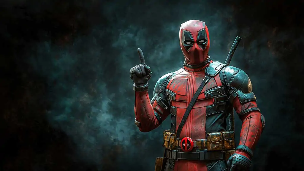 Deadpool 4K wallpaper showing pointing pose with smoke background, available in Ultra HD resolution for all devices Free donwload