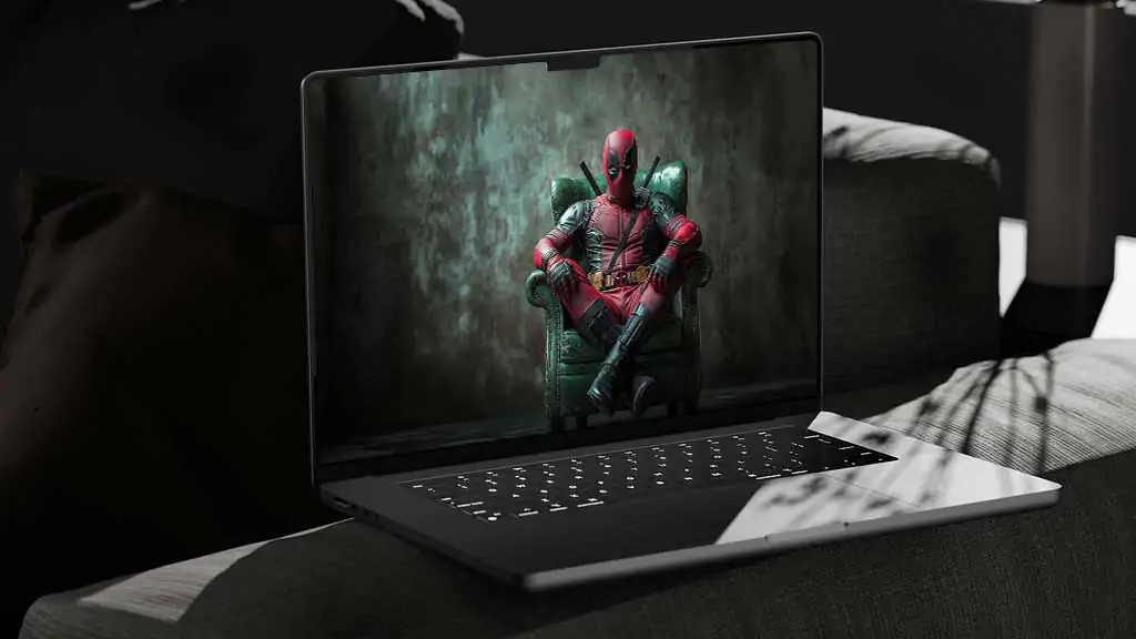 Deadpool armchair wallpaper 4k superhero seated in green leather armchair, available in Ultra HD resolution background for all devices