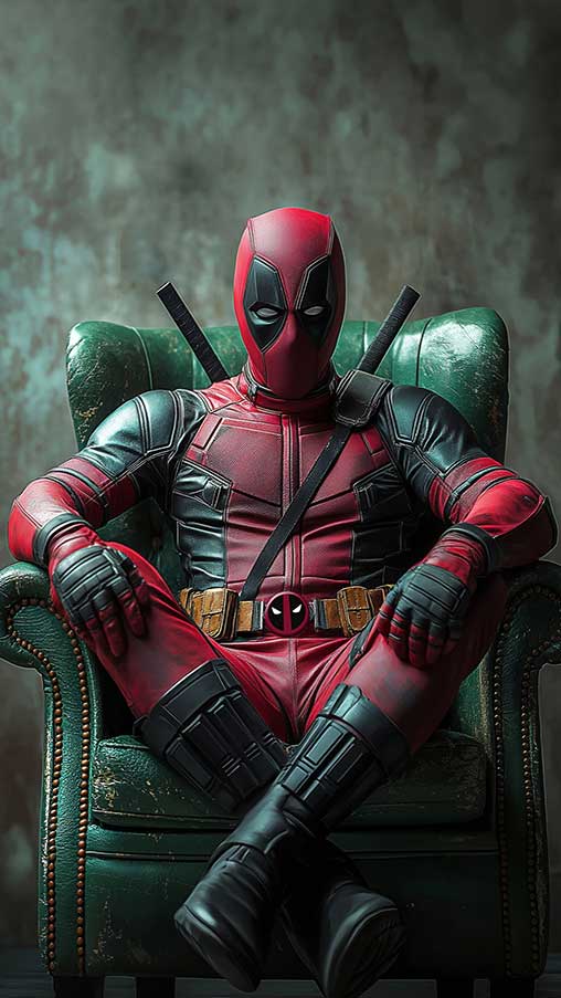 Deadpool armchair wallpaper 4k superhero seated in green leather armchair, available in Ultra HD resolution background for all devices