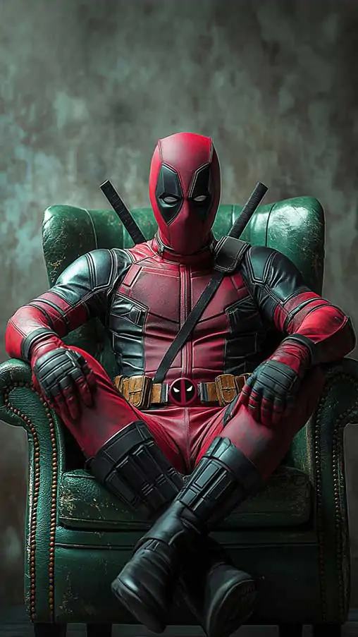 Deadpool armchair wallpaper 4k superhero seated in green leather armchair, available in Ultra HD resolution background for all devices