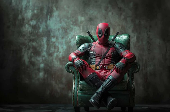 Fond d'écran du fauteuil Deadpool 4k super-héros assis dans un fauteuil en cuir vert, disponible en arrière-plan de résolution Ultra HD pour tous les appareils