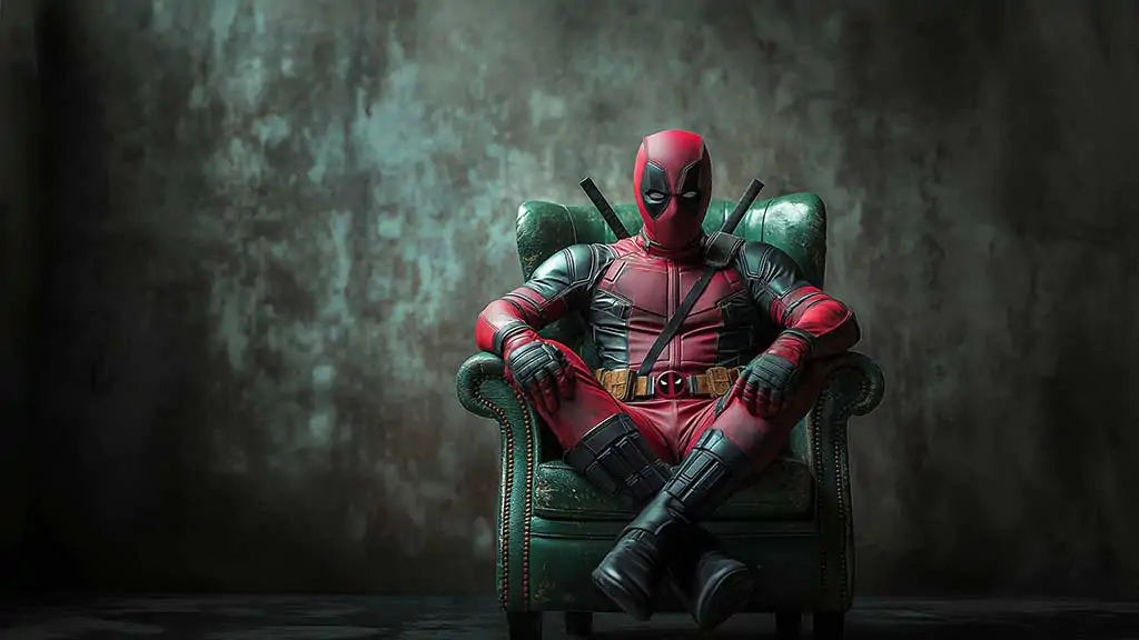 Deadpool armchair wallpaper 4k superhero seated in green leather armchair, available in Ultra HD resolution background for all devices