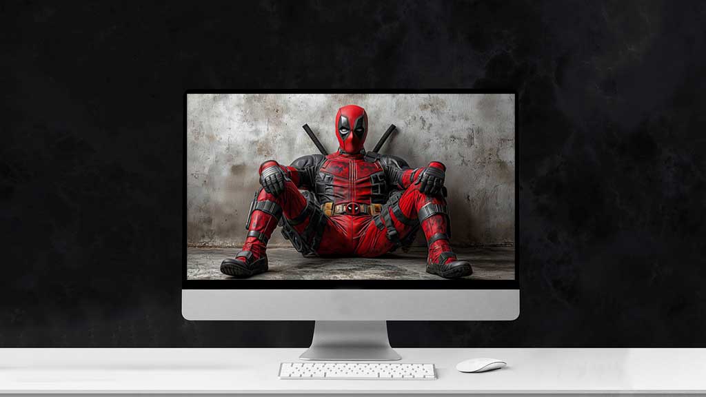 Fond d'écran Deadpool en résolution 4K Ultra HD, le super-héros Marvel assis dans son costume rouge et noir contre un mur texturé. Disponible pour ordinateur et mobile