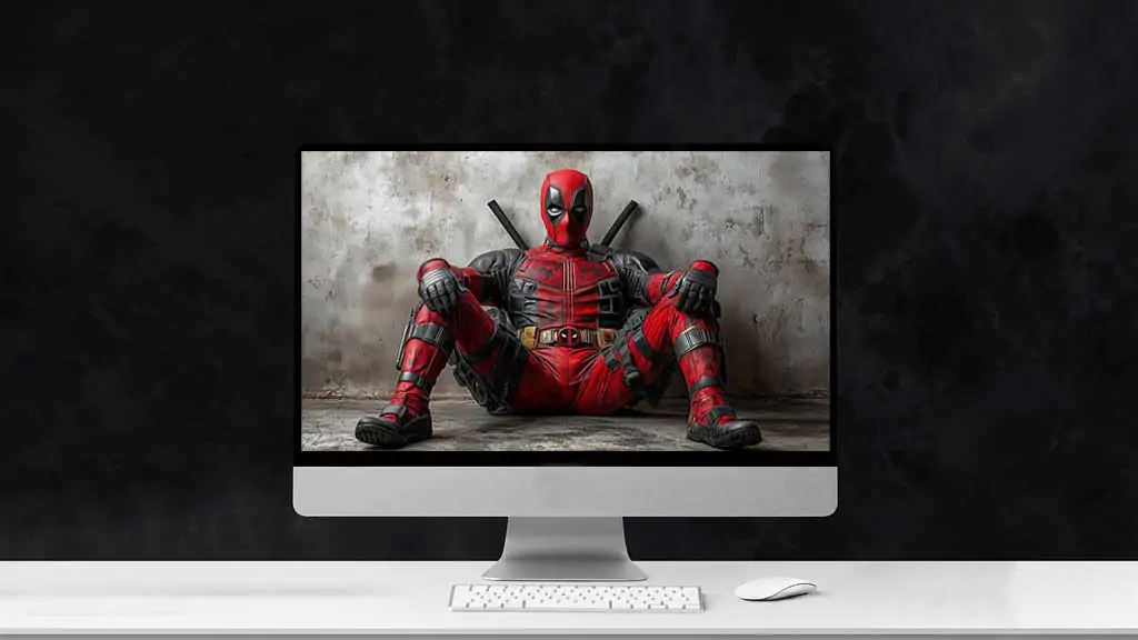 Deadpool wallpaper in 4K Ultra HD resolution, Marvel superhero sitting in his red and black suit against a textured wall. Available for desktop and mobile