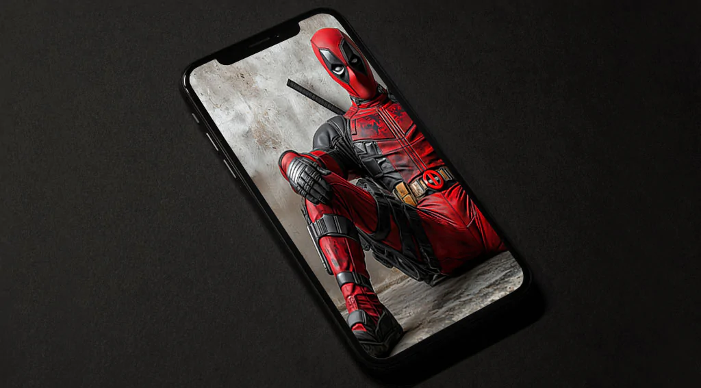 Deadpool wallpaper in 4K Ultra HD resolution, Marvel superhero sitting in his red and black suit against a textured wall. Available for desktop and mobile