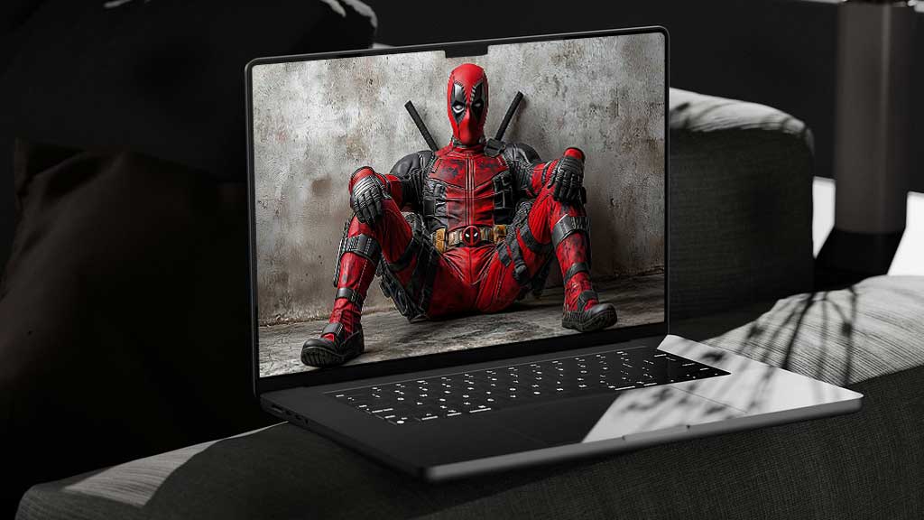 Fond d'écran Deadpool en résolution 4K Ultra HD, le super-héros Marvel assis dans son costume rouge et noir contre un mur texturé. Disponible pour ordinateur et mobile