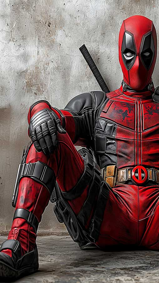 Fond d'écran Deadpool en résolution 4K Ultra HD, le super-héros Marvel assis dans son costume rouge et noir contre un mur texturé. Disponible pour ordinateur et mobile